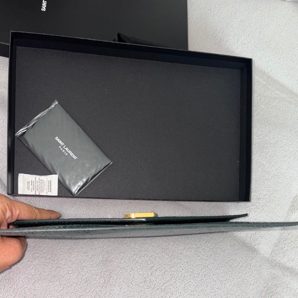 SAINT LAURENT YSL Dark Mint Green Uptown Croc Print Med Envelope Pouch Clutch - Picture 10 of 12